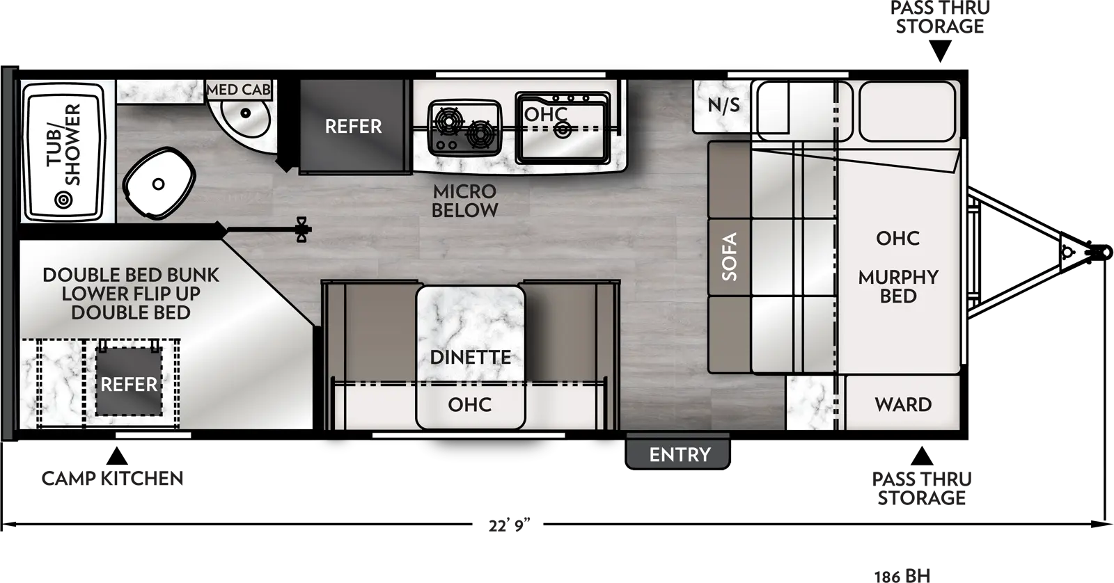 The 186BH has zero slide outs and one entry door on the door side. Interior layout from front to back: front murphy bed and sofa with wardrobe, overhead storage and night stand; off-door side kitchen containing sink, cook top stove, overhead cabinet, microwave below, and refrigerator; door side booth dinette with overhead cabinets; rear bathroom with tub/shower, toilet and medicine cabinet on off-door side; Double bed bunk with lower flip up double bed located on the door side; exterior rear camp kitchen with refrigerator.